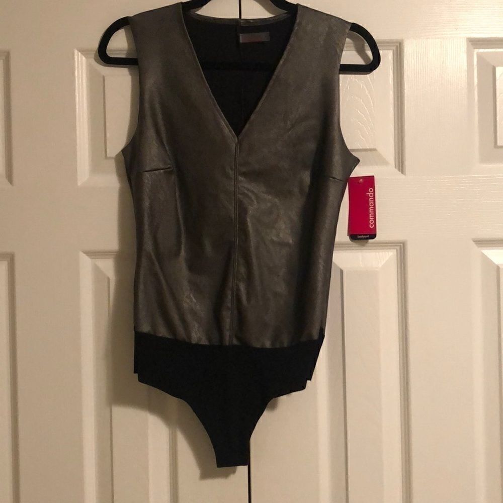 Commando Gunmetal V Neck Faux Leather Bodysuit